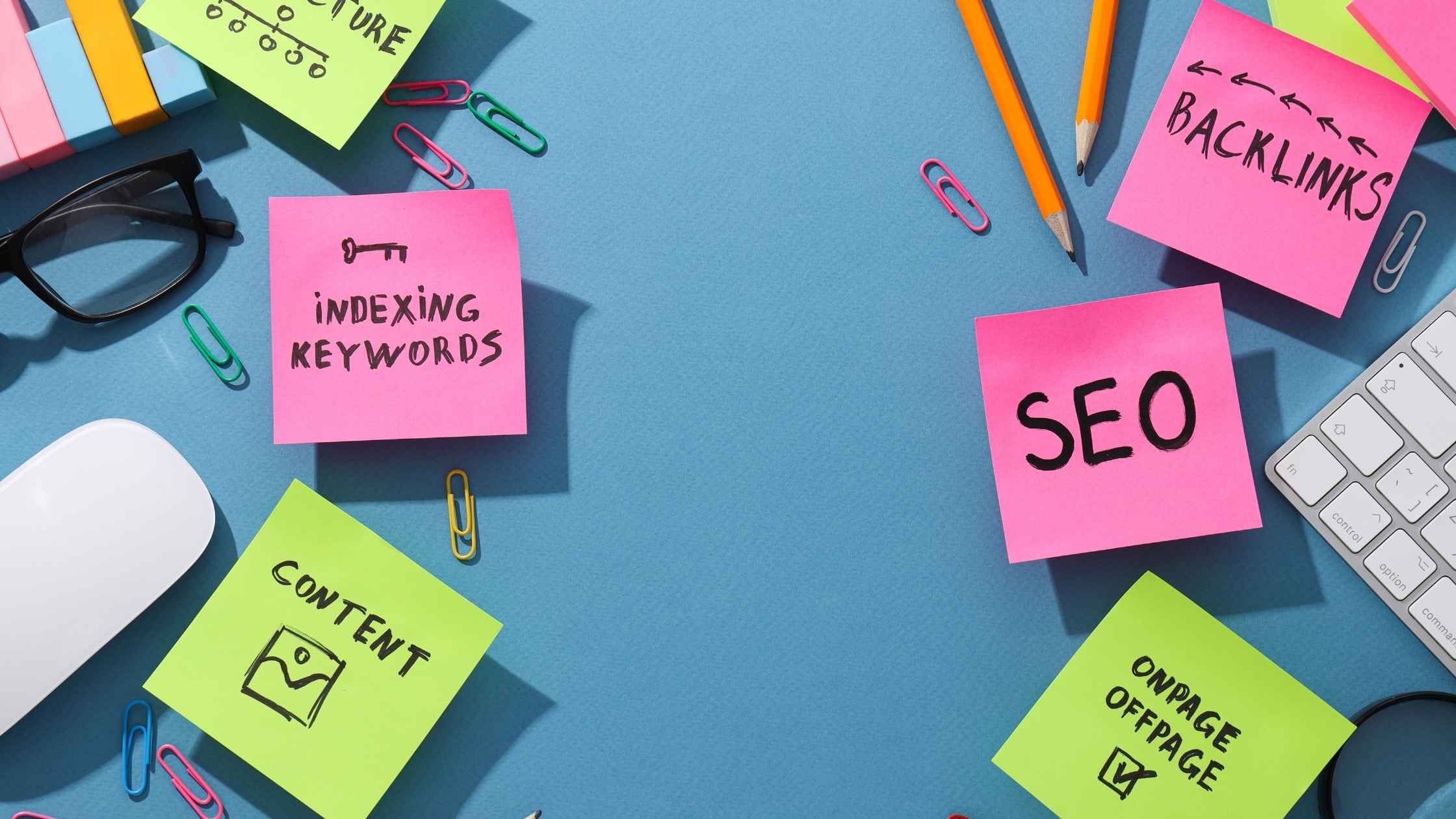 Colorful sticky notes with SEO strategies like backlinks, content, and keywords to grow your business.