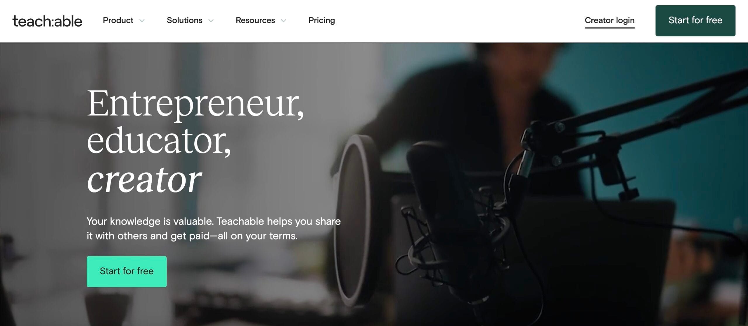 A screenshot of the Teachable setup page to sign up for an account and start creating a course on Teachable.