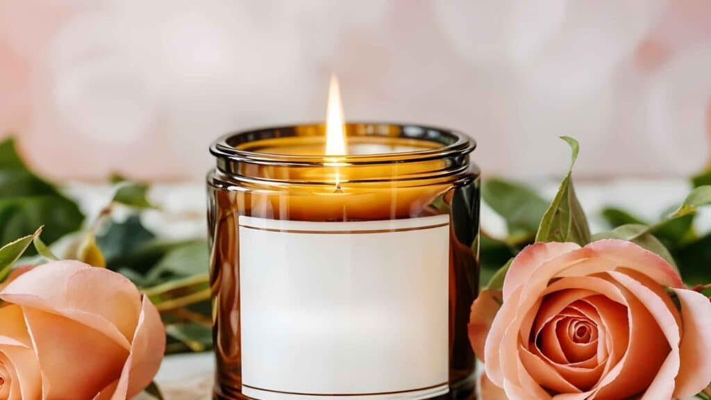 A handmade candle with a blank label on the front represents a handmade gift that can be customized for any purpose.