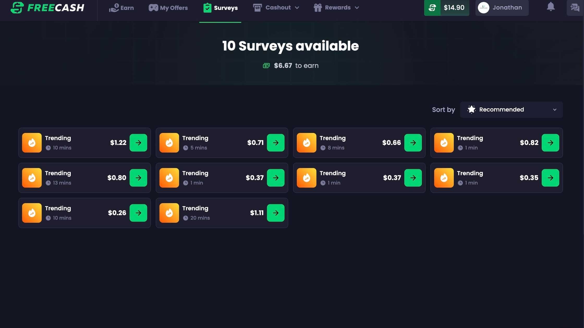 Freecash user dashboard showing 10 available surveys with payment amounts and estimated completion times